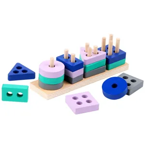 Wooden shape sorting toy for toddlers, educational geometric stacking puzzle set for early learning.