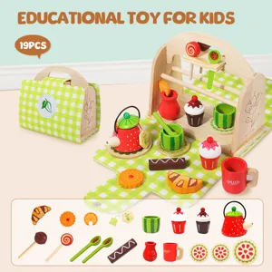 Set di giocattoli da tè pomeridiano in legno per bambini, cestino da picnic dolce 19 pz.