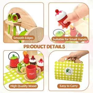 Set tè pomeridiano in legno per bambini, giocattolo di ruolo, cestino da picnic dessert.