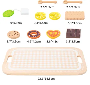 Wooden afternoon tea toy set component details showing various food models, spoons and wooden tray.