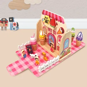 Set gioco di ruolo gelateria in legno vista dettagliata con simpatici personaggi e accessori.