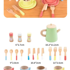 Wooden afternoon tea toy set, pretend play kitchen toys with teapot and tableware.