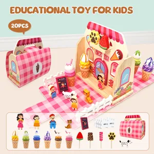 Set di gioco per gelateria in legno per bambini con simpatici accessori colorati.