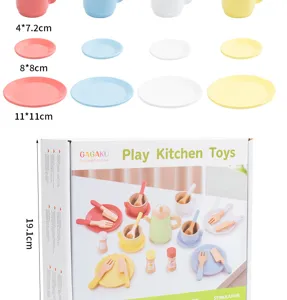 Wooden afternoon tea toy set for kids, simulation kitchen tableware and tea pot with plates.