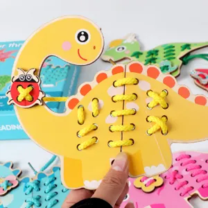Giocattolo di allacciatura dinosauro in legno per bambini, gioco di motricità fine.