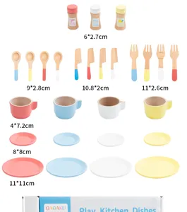 Wooden pretend play kitchen toy set with colorful cups plates and matching utensils.