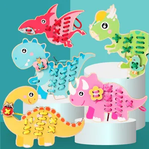 Set gioco di allacciatura dinosauro in legno per bambini, ottimo per sviluppare la motricità fine.