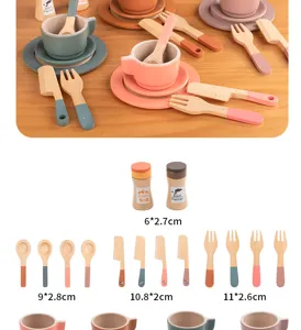 Wooden afternoon tea toy set for kids, kitchen pretend play accessories with cups and utensils.