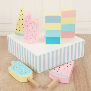 Wooden ice cream toy set for kids, colorful pretend play dessert props with cute designs.