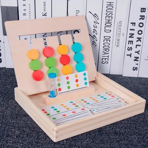 Montessori wooden four-color logic game toy with sliding beads and challenge cards for kids.