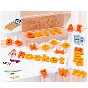Kids wooden spelling word game toy set with letter blocks and cognitive flashcards for early education.