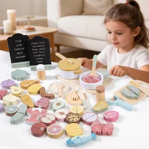 Wooden pretend play kitchen toy set with cutting food fruits vegetables pots for kids.