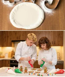 Stainless steel Christmas gingerbread man cookie cutter set detail view showing baking scene
