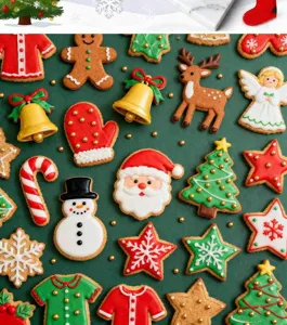 Delicious Christmas decorated cookies set, festive holiday flat lay baking design.