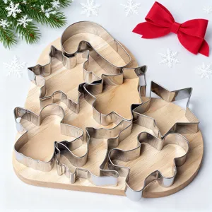 Christmas cookie cutter set stainless steel baking molds with wooden base holiday DIY pastry tools