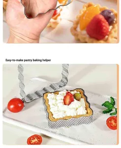 Λεπτομέρεια τετραγωνικής διάτρητης φόρμας τάρτας από ανοξείδωτο χάλυβα, ιδανική για γλυκά.