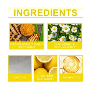Turmeric kojic acid cotton pads ingredient detail featuring natural plant extracts and vitamins.