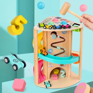 Wooden Multi-Functional Rotating Sliding Track Car Educational Toy Baby Pounding Ball Shape Matching Early Learning Game