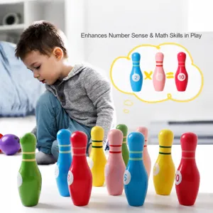 Wooden bowling set for kids, colorful educational toy with numbers for indoor family fun.