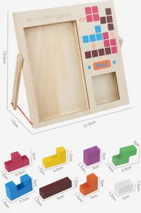 Wooden Tetris puzzle game board with colorful building blocks for kids early education.