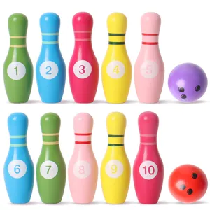 Wooden bowling set for kids, colorful pins and balls for indoor interactive game play.