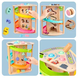 Wooden multi-functional sliding track car toy, early education shape sorting and hammer game.
