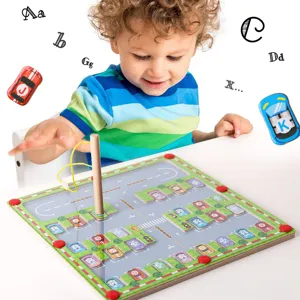 Kids wooden magnetic alphabet parking lot Montessori early educational toy maze game for toddlers.