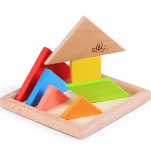 Wooden tangram puzzle for kids, early educational beech wood geometric shapes toy main view.