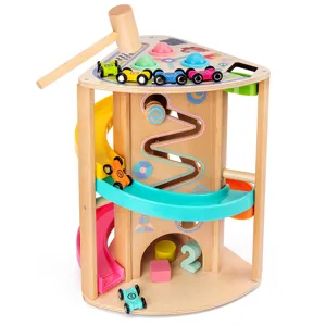 Wooden multi-functional sliding car track toy baby educational early learning hammer game