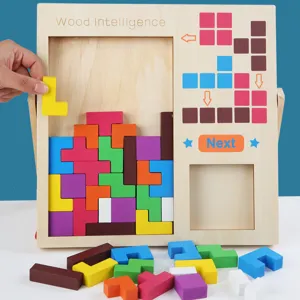 Wooden Tetris puzzle block board game for kids brain training and interactive family toy.