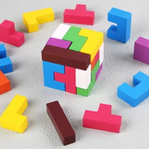 Wooden 3D Tetris puzzle block educational toy, colorful geometric brain teaser desktop game for kids
