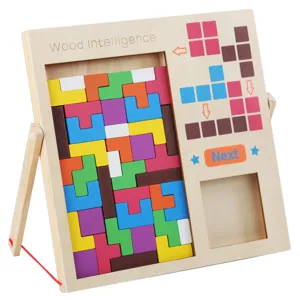 Wooden Tetris puzzle board game for kids brain training, colorful stacking block toy with stand.
