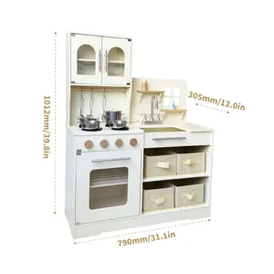 Cuisine en bois jouet pour enfants, ensemble blanc avec casseroles et boîtes de rangement.