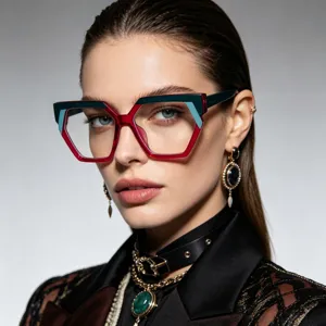 Eleganti occhiali geometrici bloccanti la luce blu con montatura colorata alla moda.
