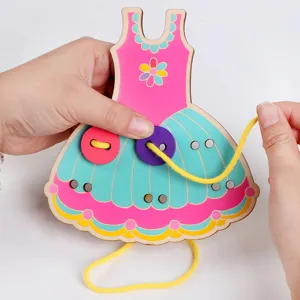 Kids wooden button threading toy early education hand eye coordination game dress shape