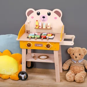 Kids Wooden Simulation BBQ Grill Toy Set Pretend Play Kitchen Barbecue Cart with Food Skewers Educational Toy