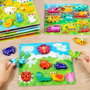 Niños Madera 3D Puzle Juguetes Educación Temprana Aprendizaje Montessori Velcro Tablero de Coincidencia Animal de Dibujos Animados Dinosaurio Vehículo Juguete Regalo