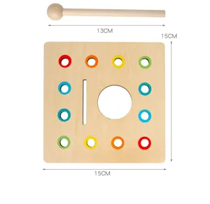 Wooden toy dimension chart showing a 13cm mallet and 15cm board with colorful shape matching holes.