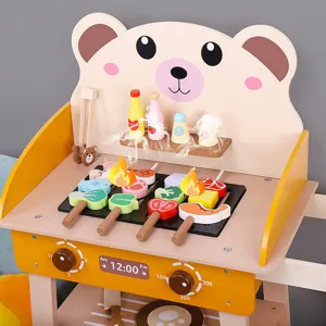 Wooden kids pretend play barbecue grill toy set with cute bear backboard and food accessories.