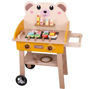 Kids wooden BBQ grill toy kitchen play set pretend cooking cart with food skewers bear design