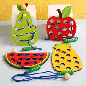 Wooden fruit lacing toy set Montessori educational threading game for kids toddlers learning.