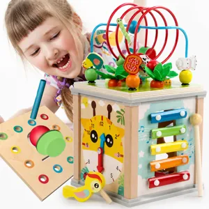 Wooden Multi-Function Educational Bead Maze Activity Cube Shape Sorting Carrot Pulling Toddler Early Learning Toy