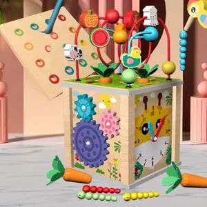 Wooden 10-in-1 activity cube toy with bead maze, shape matching, gears and clock for kids.