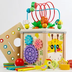 Wooden multi-functional activity cube toy with bead maze and shape sorter for kids.
