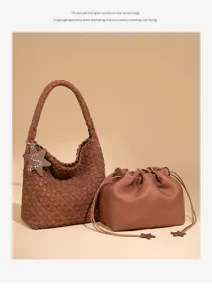 Kunstsuède Geweven Schoudertas Retro Hobo Tote Tas Met Trekkoord Pouch Set.