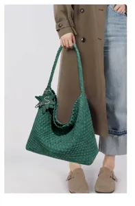 Dark green woven velvet hobo shoulder bag, large capacity vintage tote bag detail view.