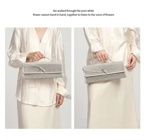 Silver glitter evening clutch bag detail showing sparkling rhinestone texture and metal lock.