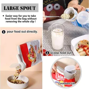 Kunststoff Beutel Verschlussclip mit grossem Ausgiesser fuer Snacks und Getreide Details.