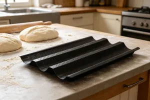 Διατρητό αντικολλητικό ταψί για μπαγκέτες για τέλειο τραγανό γαλλικό ψωμί στην κουζίνα.