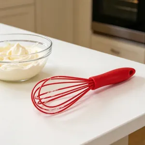 Detalle de batidor de silicona roja en encimera, ideal para repostería y crema casera.